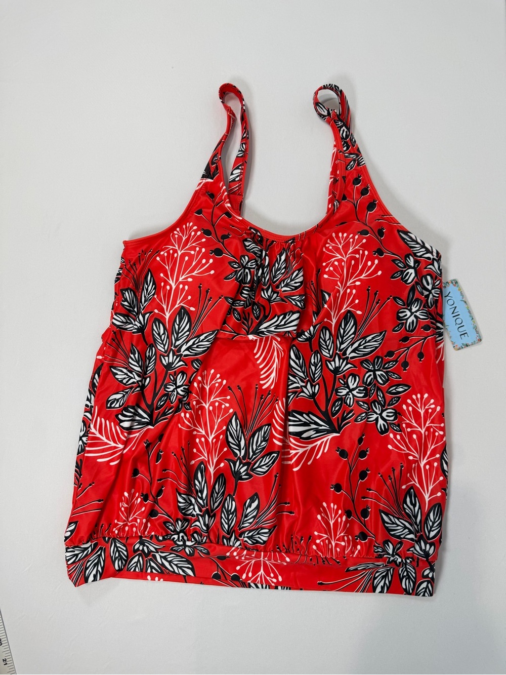Yonique Red & Black Printed Swim Top with White Accents Size: 14W